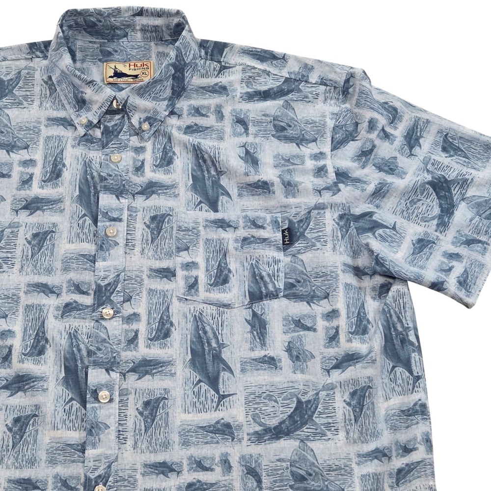 Huk Fishing Mens XL Short Sleeve Button Up‎ Shirt Fish Print Blue